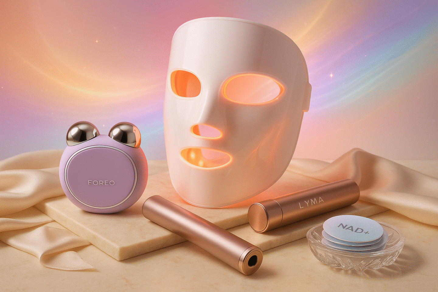 best-beauty-gadgets-2026-foreo-bear-red-light-mask-lyma-laser-nad-patches-1440x960-1 Luxury vanity still-life of the best beauty gadgets for 2026, including Foreo Bear 2, Nooance red light mask, Lyma Laser, and NAD+ patches styled in cosmic pastel lighting.