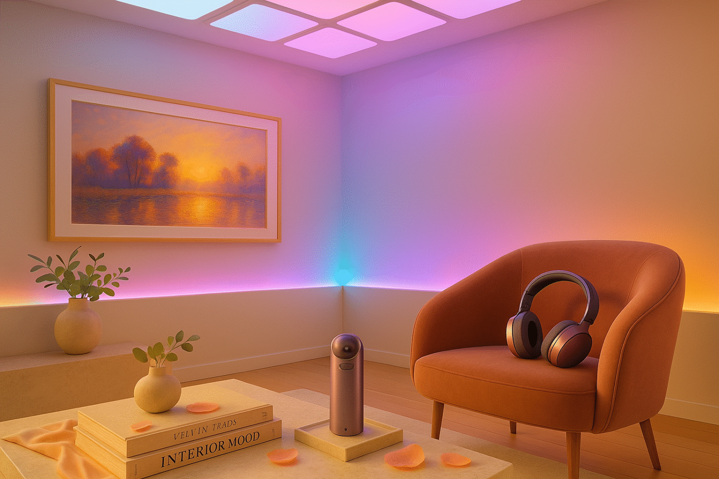 best-smart-home-devices-2026-nanoleaf-frame-tv-dyson-zone-philips-hue-1440x960-1 Chic lifestyle living room with the best smart home devices of 2026, including Nanoleaf Skylight panels, Samsung Frame TV, Dyson Zone 2 headphones, and Philips Hue gradient strips.