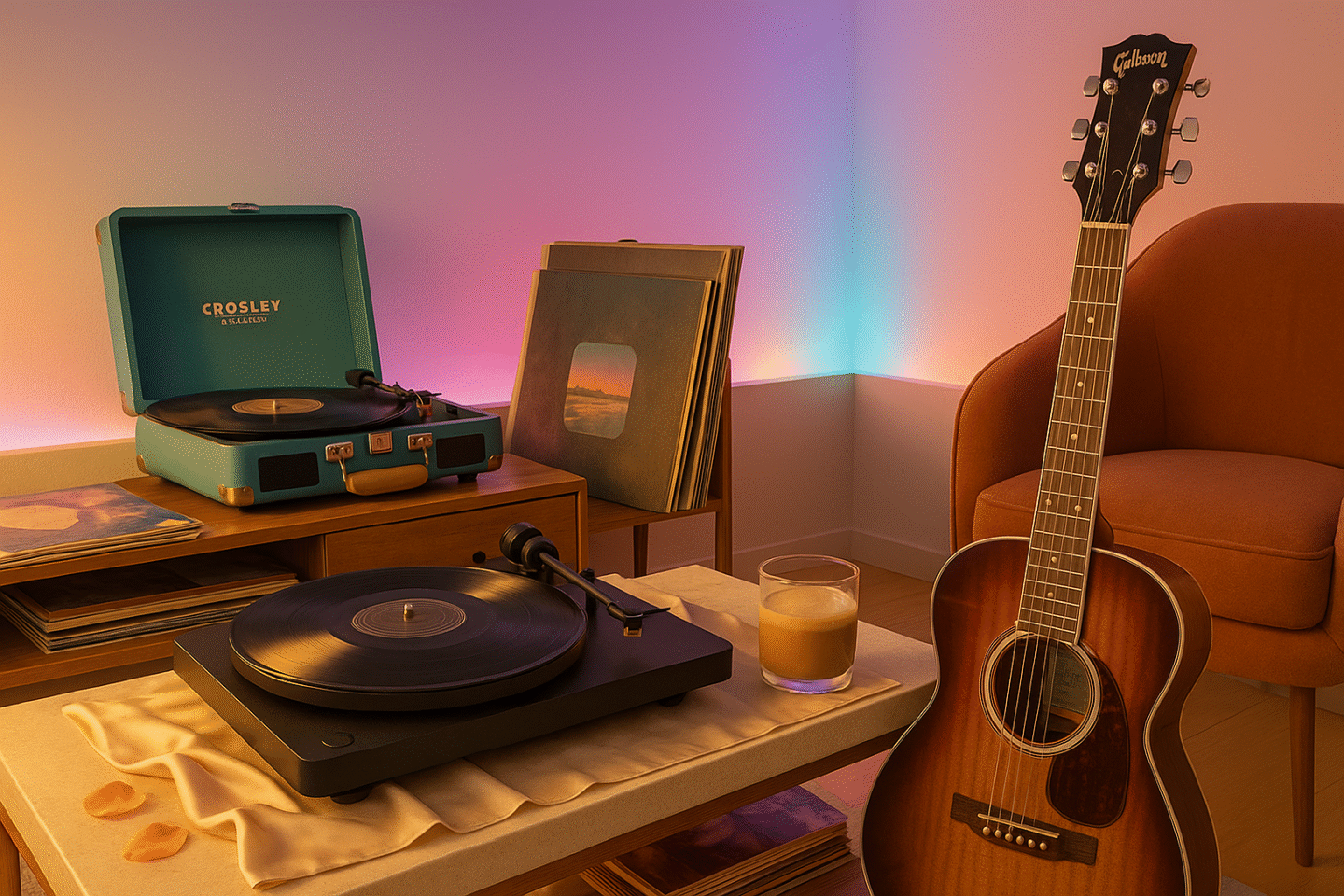 best-vinyl-players-2026-pro-ject-crosley-gibson-guitar-1440x960-1 Editorial lifestyle image of the best retro music gadgets for 2026, featuring Pro-Ject T1 vinyl player, Crosley C-Series, and Gibson Heritage guitar in a chic home studio setting.