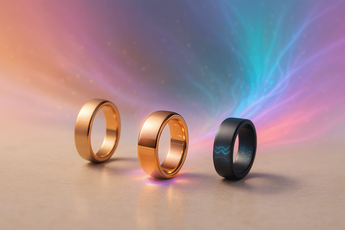 best-wearable-tech-for-women-2026-smart-rings-galaxy-oura-ultrahuman-1440x960-1 Editorial macro of the best wearable tech for women in 2026, including Samsung Galaxy Ring, Oura Horizon Ring, and Ultrahuman Ring styled like luxury jewellery with cosmic light.
