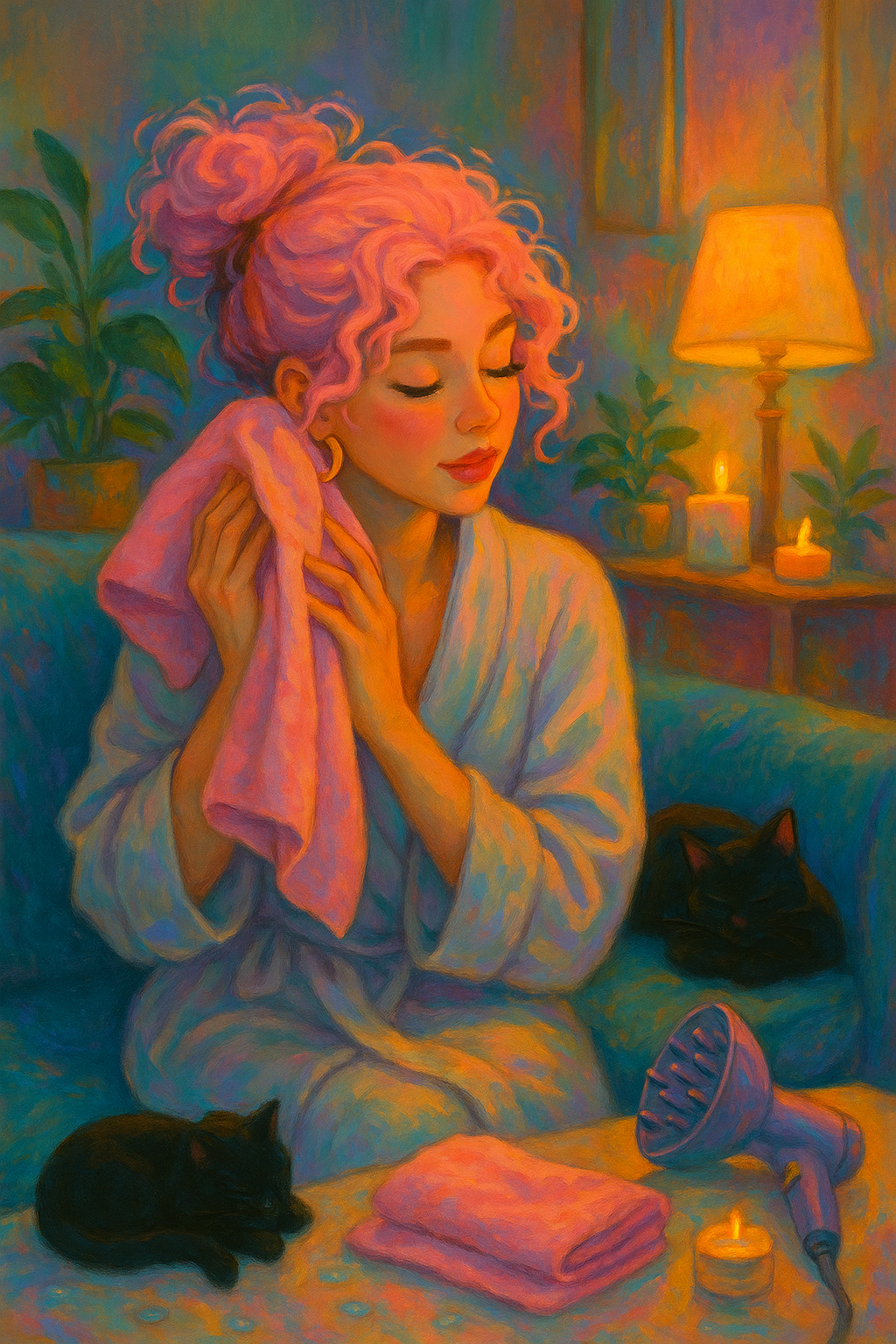 curly-pink-hair-home-recovery-black-cat Woman with light pink curly hair blotting with a microfibre towel at home, black cat curled beside her on sofa.