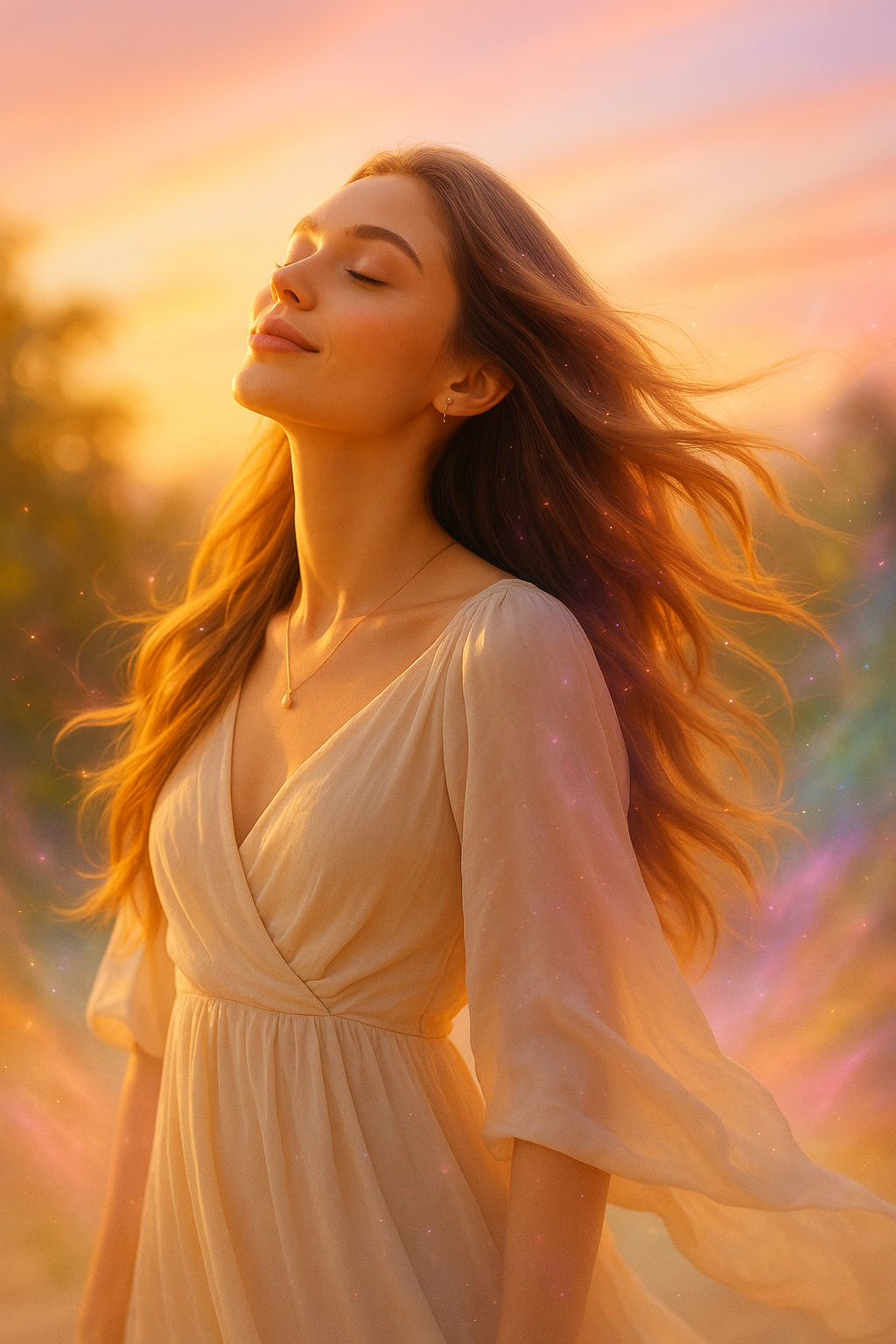 Empowering editorial portrait of a woman in golden sunlight with cosmic sparkles in her flowing hair, symbolising confidence and renewal.