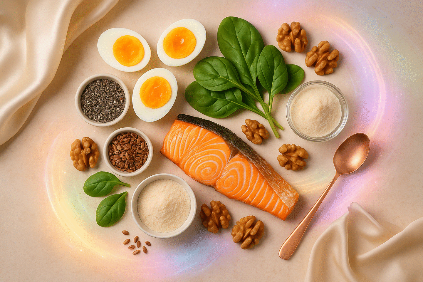 Editorial flatlay of salmon, eggs, spinach, seeds, walnuts, and collagen powder styled with pastel cosmic aura light, representing food as medicine for PCOS