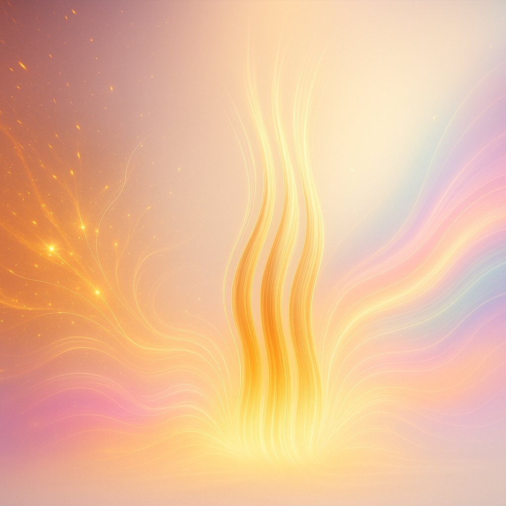 Surreal cosmic artwork showing chaotic golden sparks transforming into smooth pastel aura waves with glowing hair strands, symbolising hormone balance.