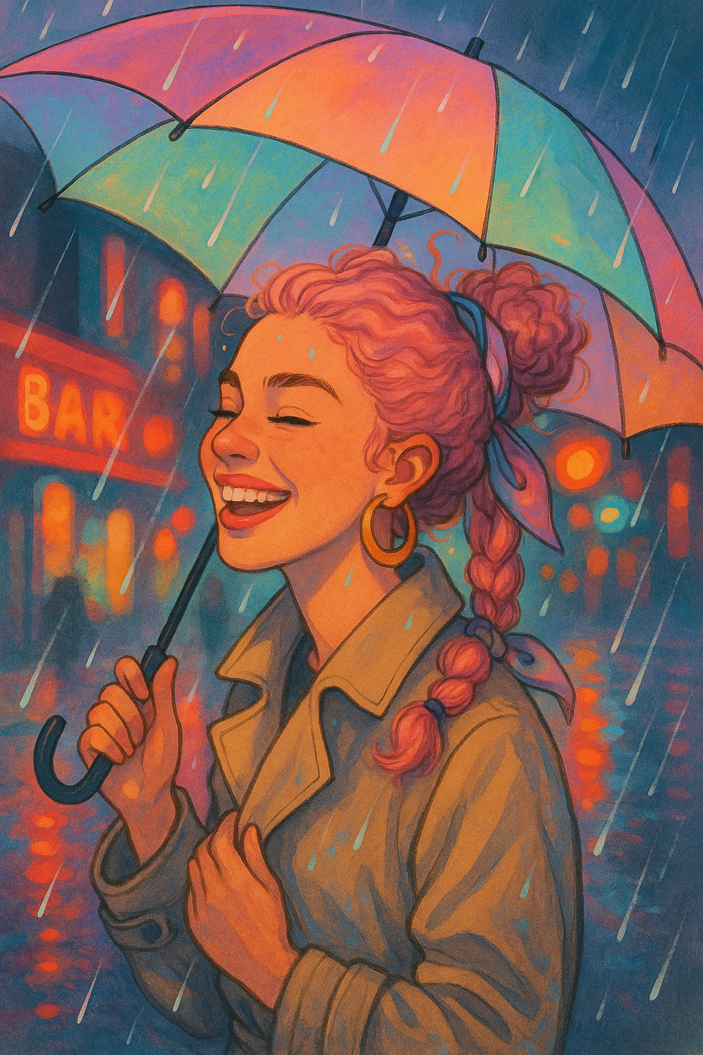 pink-curly-hair-rain-liverpool-street-style Woman with light pink naturally curly hair styled in a bun, smiling in the rain at Liverpool’s Baltic Triangle.